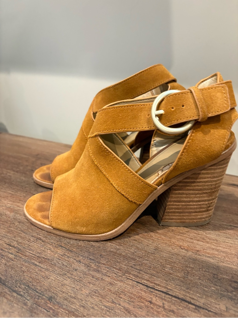 Marc Fisher Mustard Suede Open-Toe Block Heel Sandals